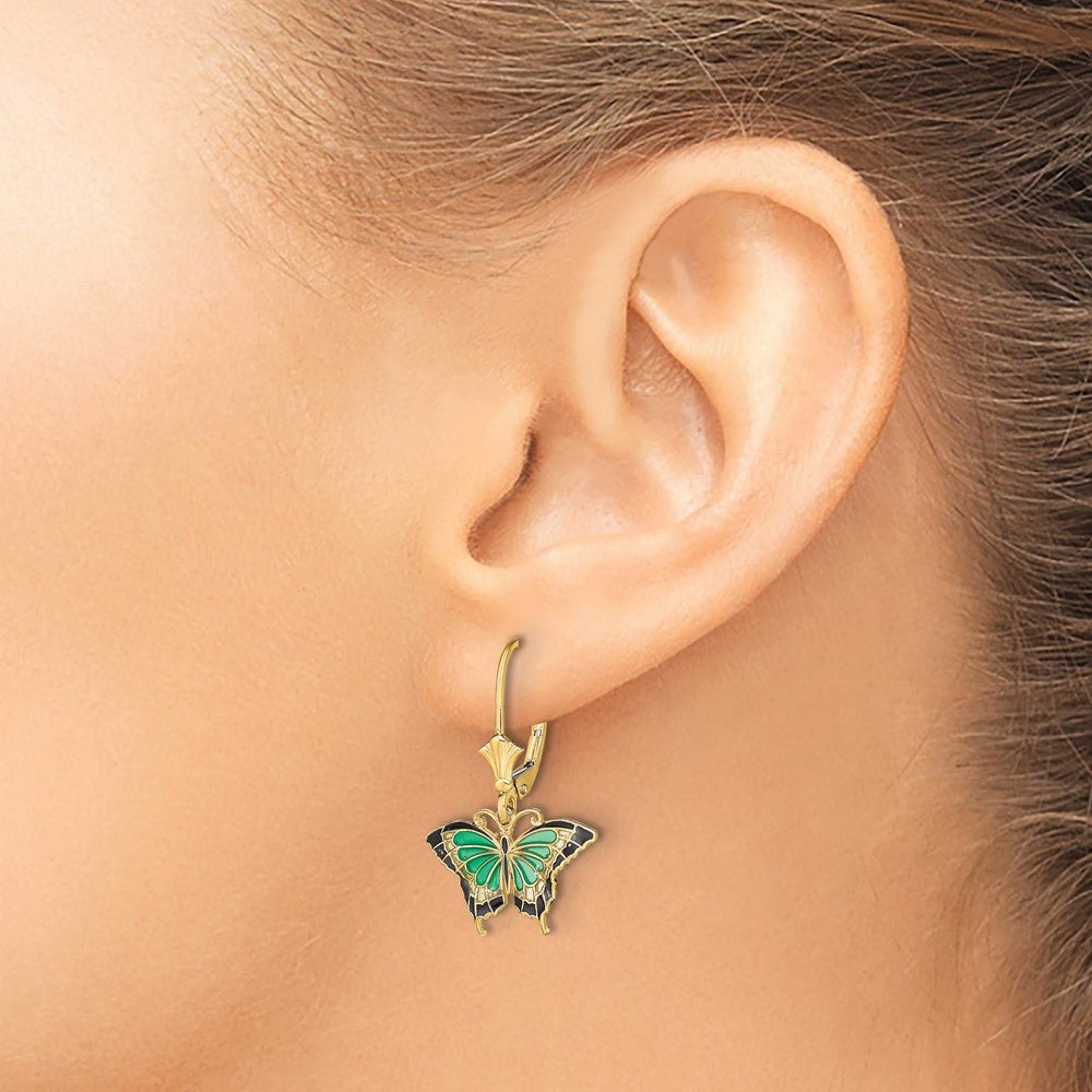 Shop Stylish 14K Gold Butterfly Leverback Earrings - Green Enamel, 0.85mm