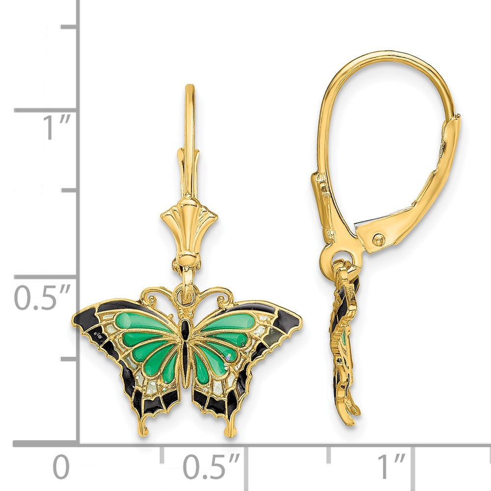 Shop Stylish 14K Gold Butterfly Leverback Earrings - Green Enamel, 0.85mm