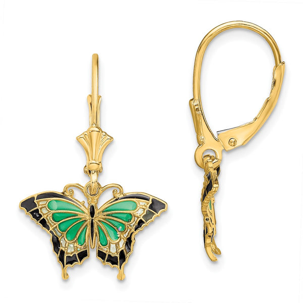14K Gold Butterfly Leverback Earrings - Green Enamel, 0.85mm