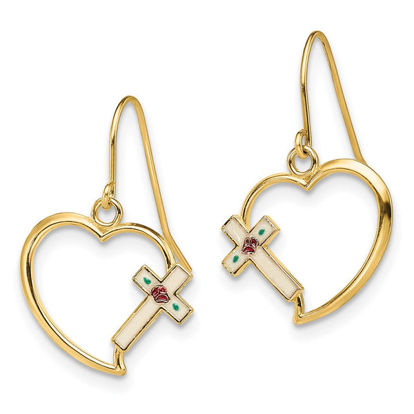 14K Gold Enamel Cross Heart Dangle Earrings