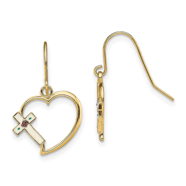 14K Gold Enamel Cross Heart Dangle Earrings
