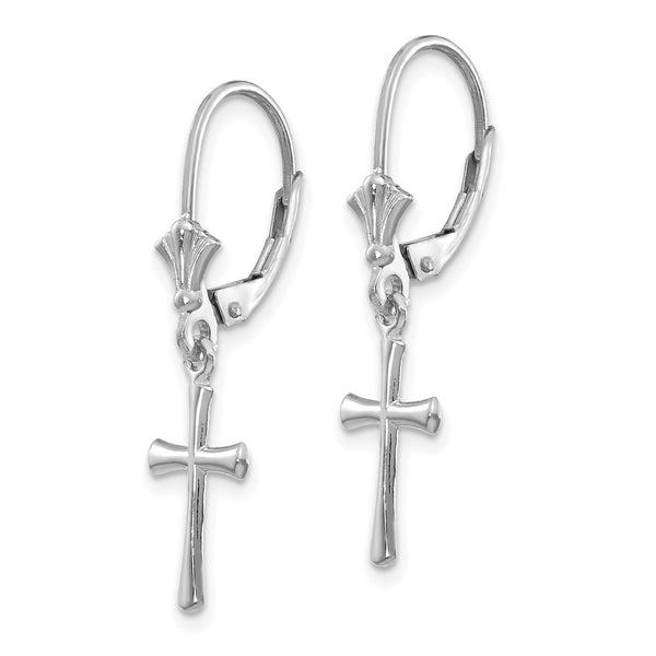 14K White Gold Cross Leverback Earrings - Polished