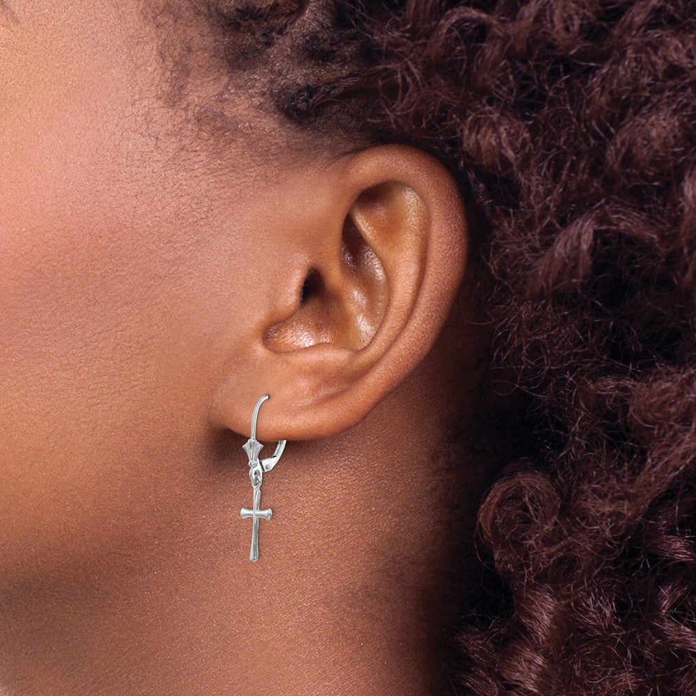Shop Stylish 14K White Gold Cross Leverback Earrings - Polished & Elegant