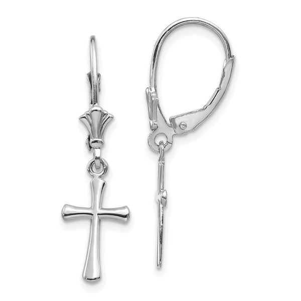 14K White Gold Cross Leverback Earrings - Polished