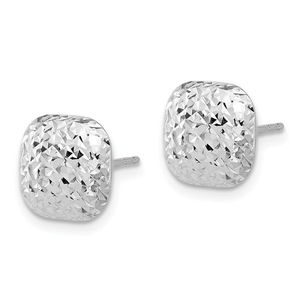 14K White Gold Polished Diamond-Cut 10mm Puffed Square Studs