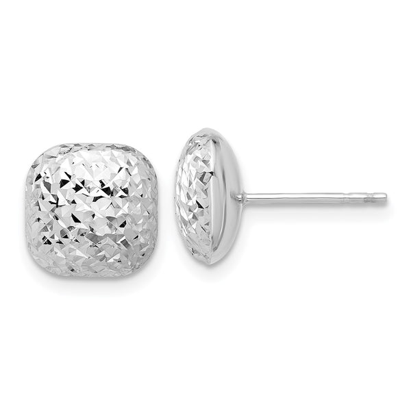 14K White Gold Polished Diamond-Cut 10mm Puffed Square Studs
