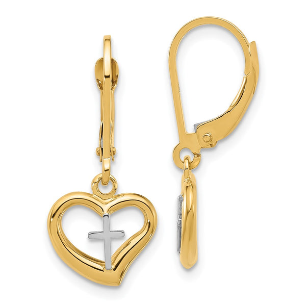 14K Two-Tone Polished Heart Leverback Dangle Earrings