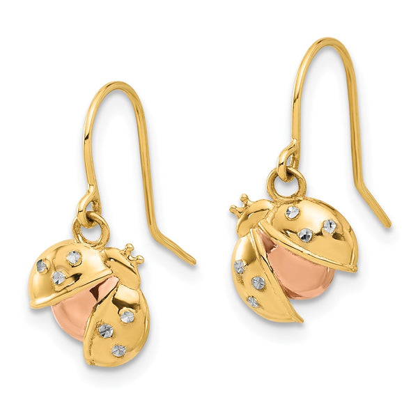 14K Gold Ladybug Dangle Earrings - Rose White Rhodium Accents