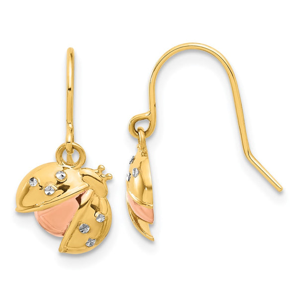 14K Gold Ladybug Dangle Earrings - Rose White Rhodium Accents