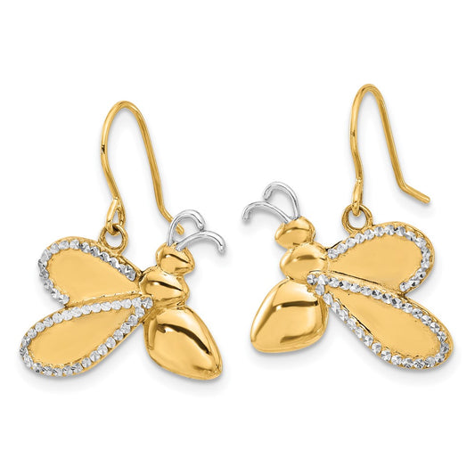 High-Quality 14K Gold Bee Dangle Earrings with White Rhodium Finish - Stylish Value