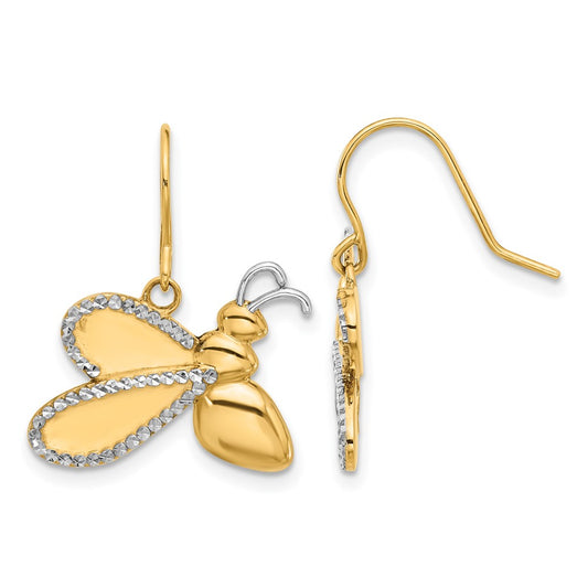High-Quality 14K Gold Bee Dangle Earrings with White Rhodium Finish - Stylish Value
