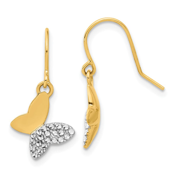 14K Gold Butterfly Dangle Earrings - White Rhodium
