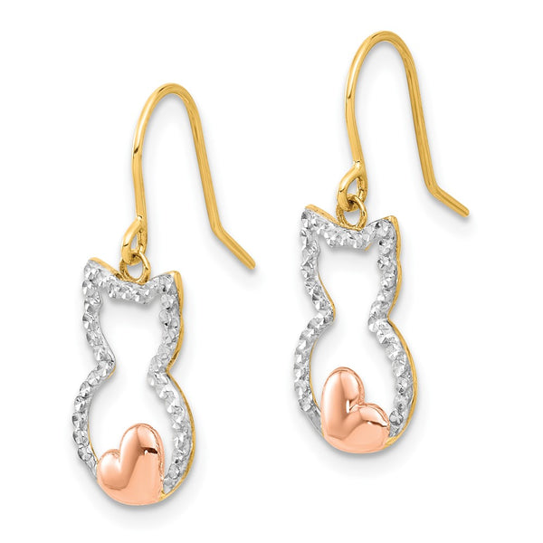 14K Gold Cat Outline Dangle Earrings - Rose White Rhodium