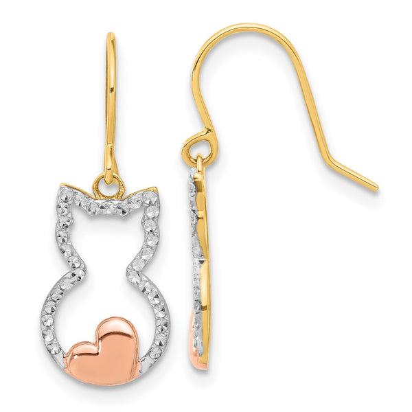14K Gold Cat Outline Dangle Earrings - Rose White Rhodium