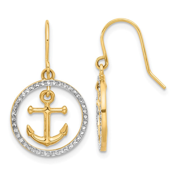 14K Gold & White Rhodium Double Circle Anchor Dangle Earrings