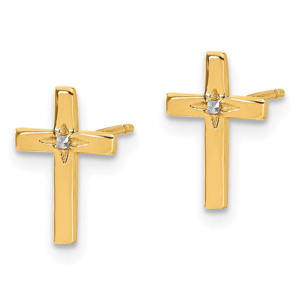 14K Gold Cross Stud Earrings with White Rhodium