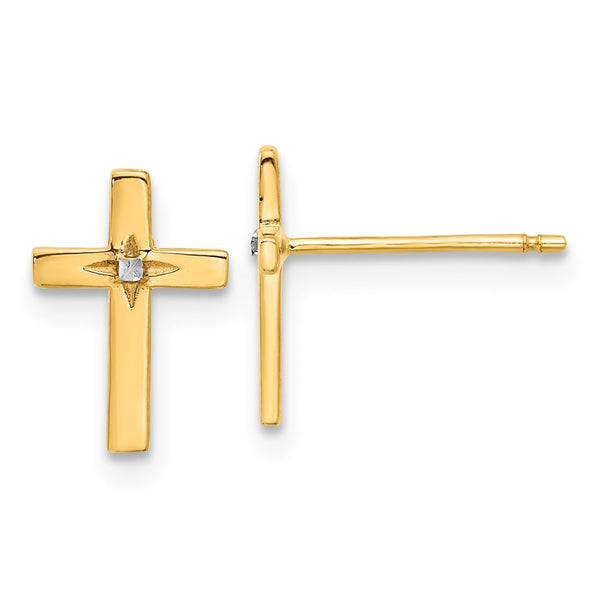 14K Gold Cross Stud Earrings with White Rhodium