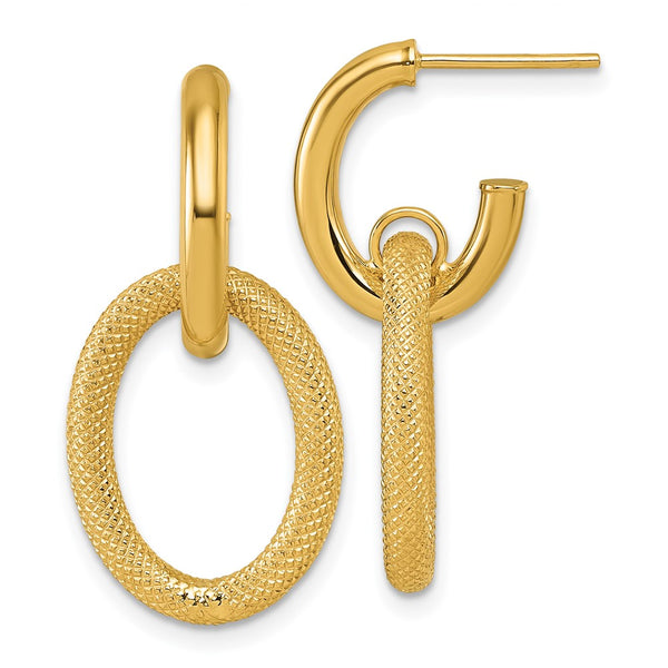 14K Gold Polished & Textured Oval Dangle C-Hoop Earrings