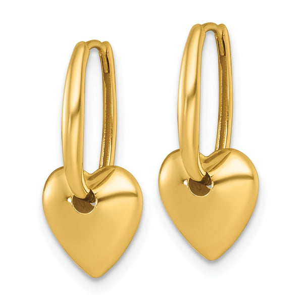 14K Gold Polished Puffed Heart Dangle Hoop Earrings - 0.85mm