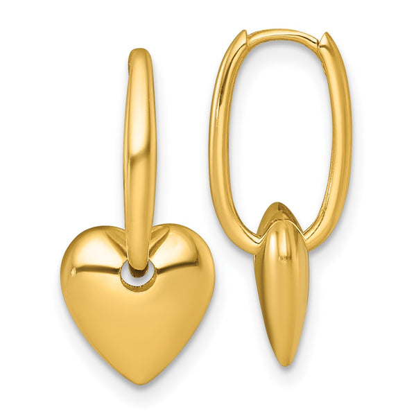 14K Gold Polished Puffed Heart Dangle Hoop Earrings - 0.85mm