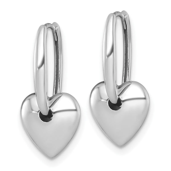 14K White Gold Puff Heart Dangle Hoop Earrings