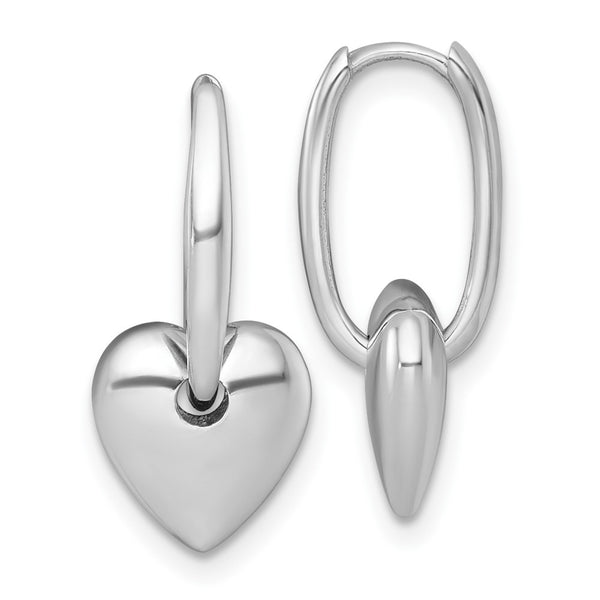 14K White Gold Puff Heart Dangle Hoop Earrings
