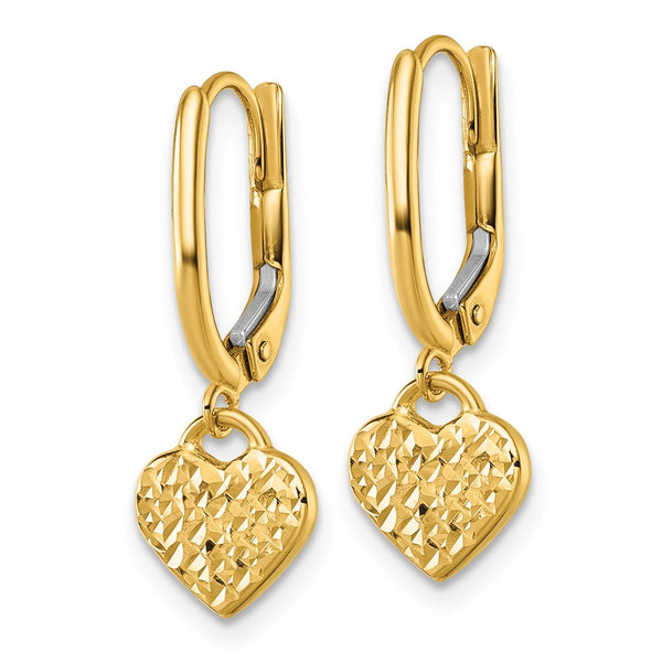 14K Gold Polished Diamond-Cut Heart Dangle Earrings