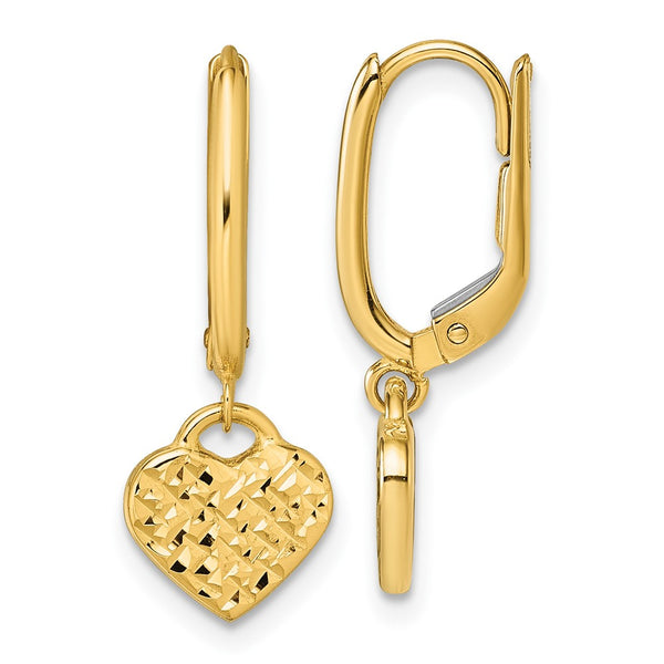 14K Gold Polished Diamond-Cut Heart Dangle Earrings