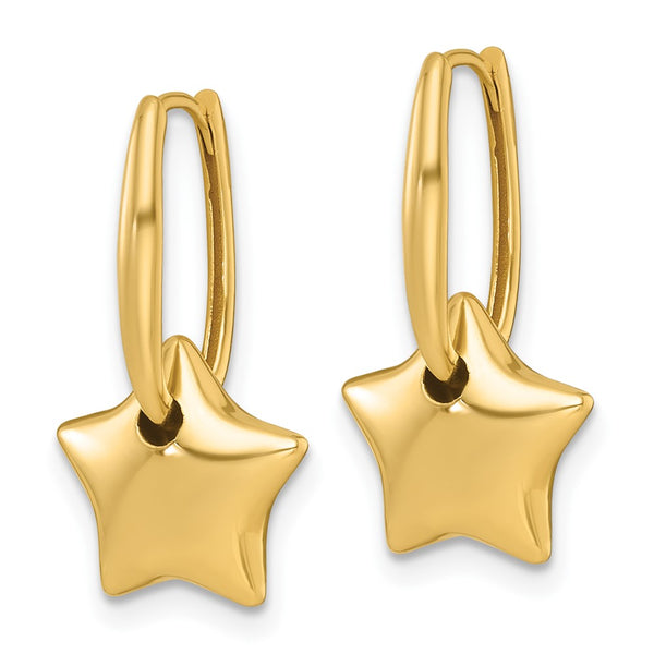 14K Gold Polished Dangle Puffed Star Hoop Earrings