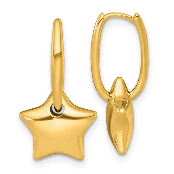 14K Gold Polished Dangle Puffed Star Hoop Earrings