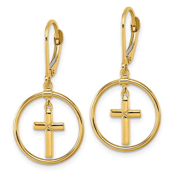 14K Gold Polished Cross Circle Leverback Dangle Earrings, 1.5"