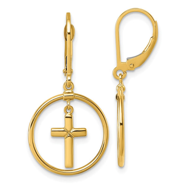 14K Gold Polished Cross Circle Leverback Dangle Earrings, 1.5"