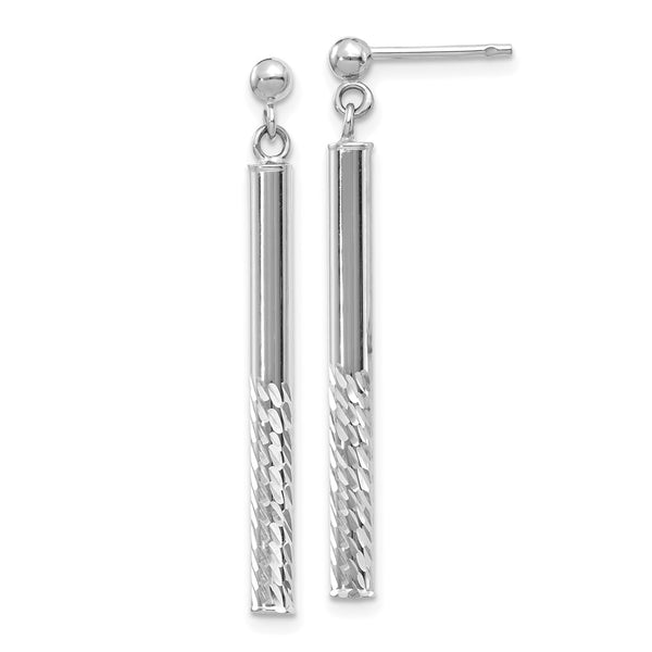 14K White Gold Polished Diamond-Cut Bar Dangle Earrings