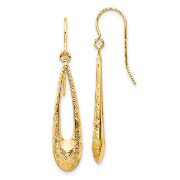 14K Gold Teardrop Dangle Earrings - Polished Textured