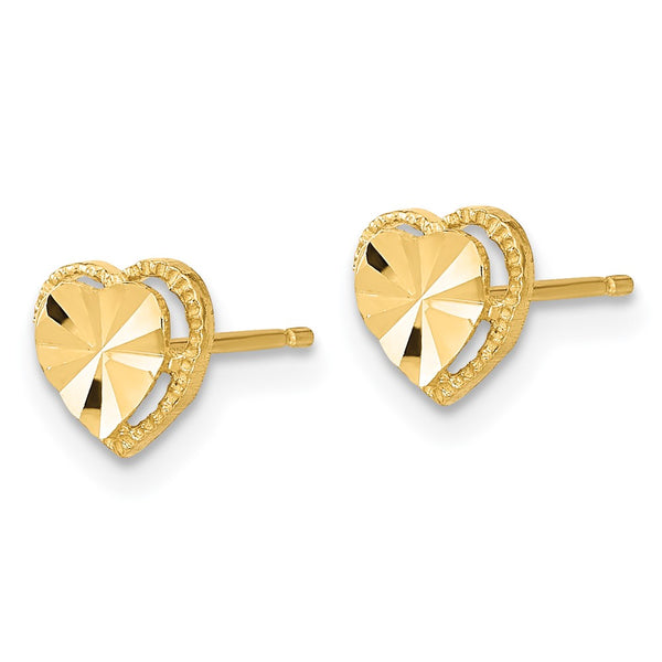 14K Gold Polished Diamond-Cut Heart Stud Earrings