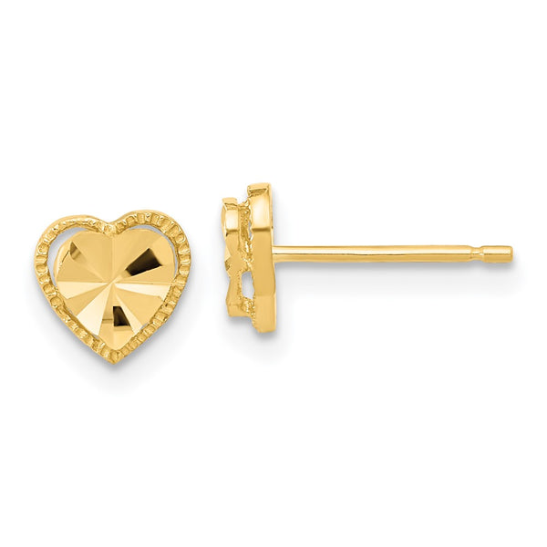 14K Gold Polished Diamond-Cut Heart Stud Earrings