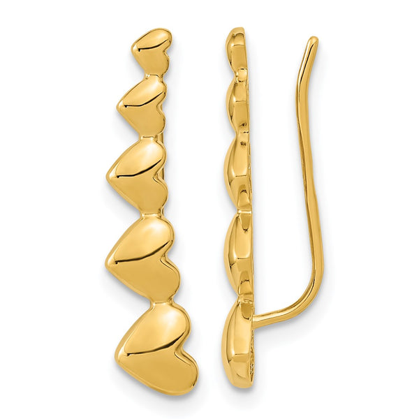 14K Gold Polished Heart Ear Climber Earrings