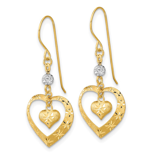 High-Quality 14K Two-Tone Heart Dangle Earrings | Stylish Satin Finish