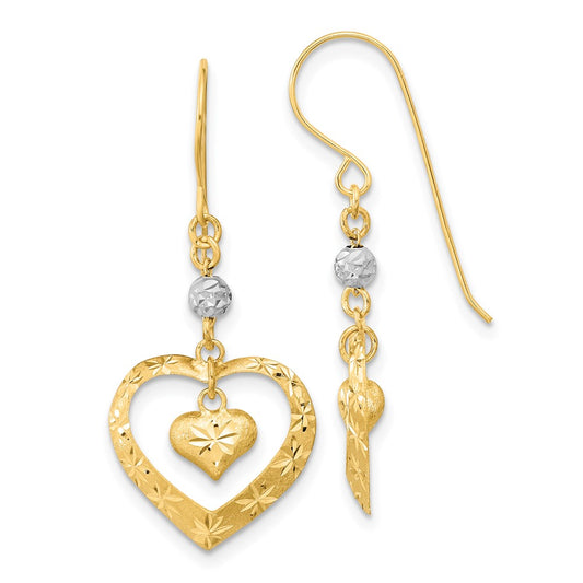 High-Quality 14K Two-Tone Heart Dangle Earrings | Stylish Satin Finish