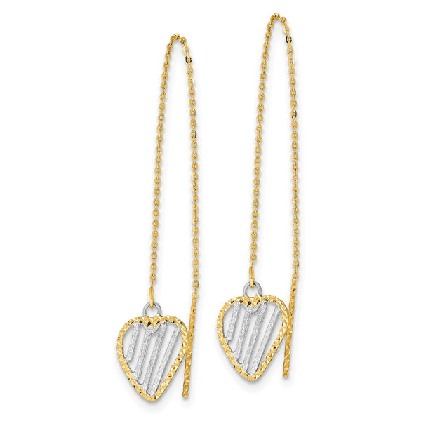 14K Gold & Rhodium Double Heart Threader Earrings, 2.5" Long
