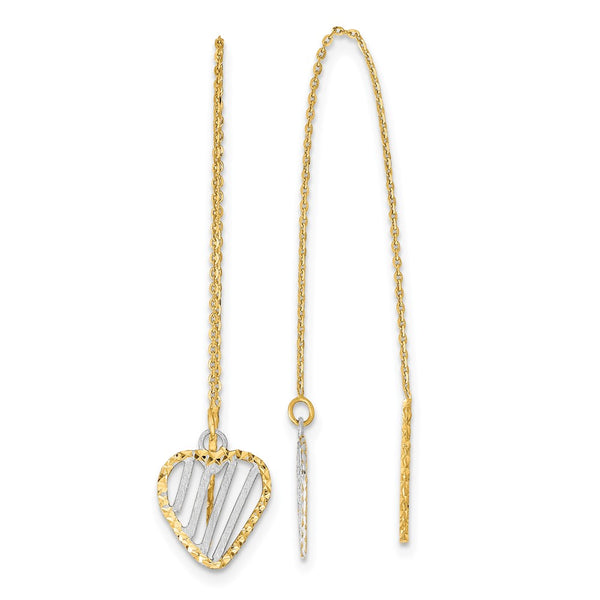 14K Gold & Rhodium Double Heart Threader Earrings, 2.5" Long