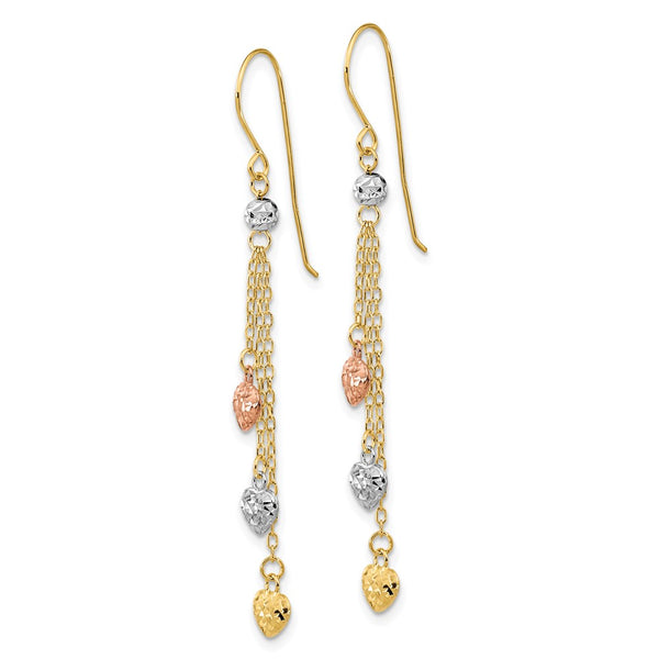 14K Tri-Color Gold Triple Heart Dangle Earrings