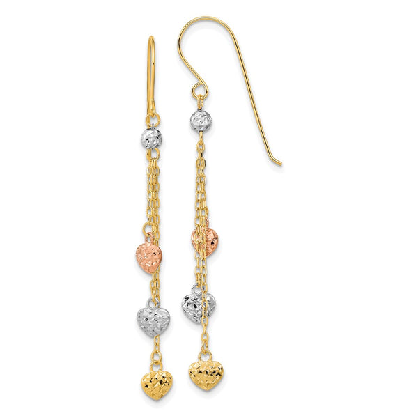14K Tri-Color Gold Triple Heart Dangle Earrings