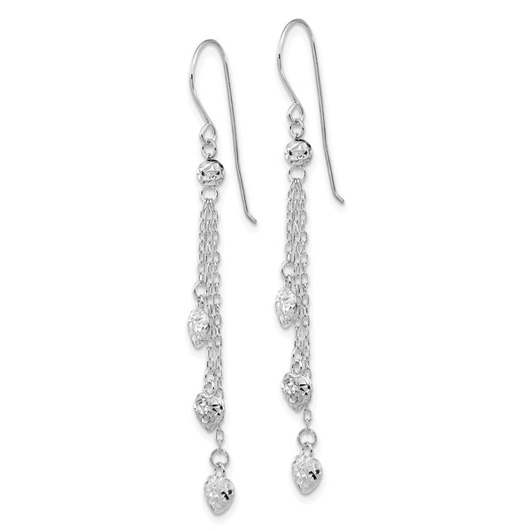 14K White Gold Triple Heart Dangle Earrings