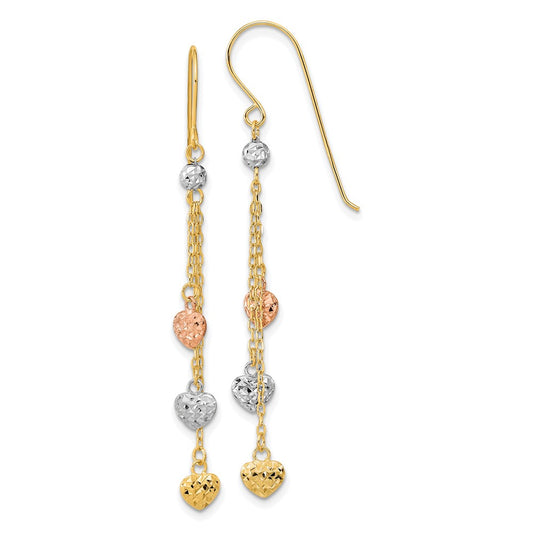 Buy 14K Tri-Color Gold Triple Heart Dangle Earrings - Stylish & Affordable!