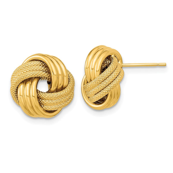 14K Gold Polished Textured Triple Love Knot Stud Earrings