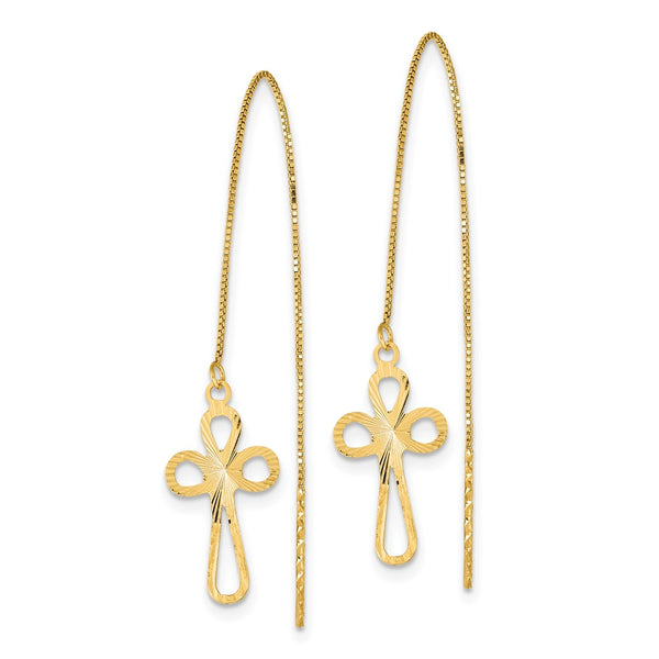 14K Gold Polished D/C Box Chain Cross Threader Earrings