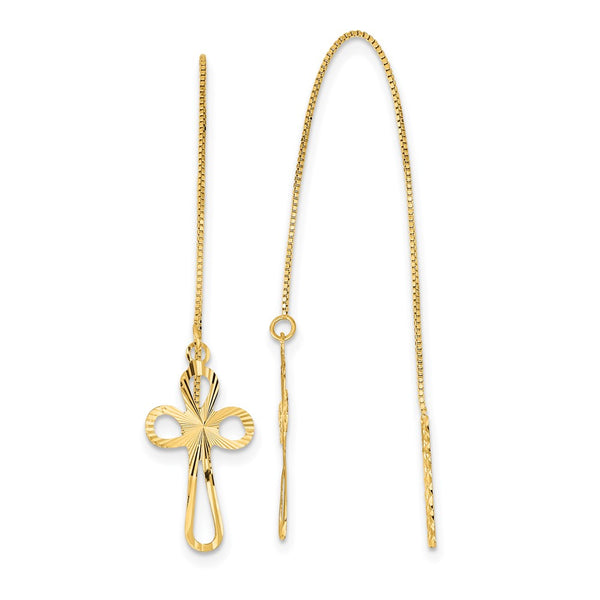 14K Gold Polished D/C Box Chain Cross Threader Earrings