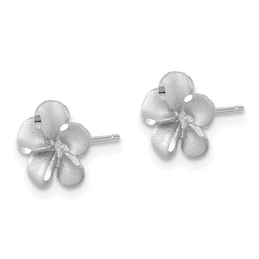 High-Quality 14K White Gold Plumeria Stud Earrings - Stylish Diamond-Cut Design