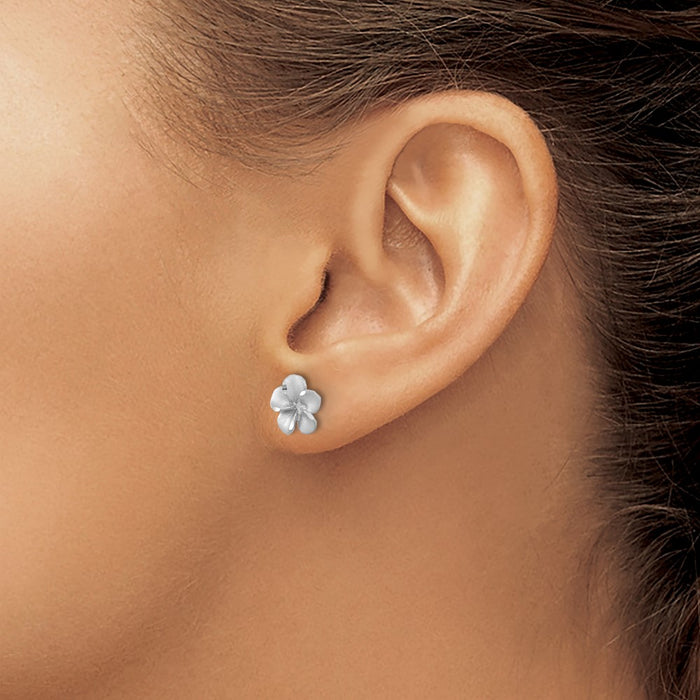High-Quality 14K White Gold Plumeria Stud Earrings - Stylish Diamond-Cut Design-3